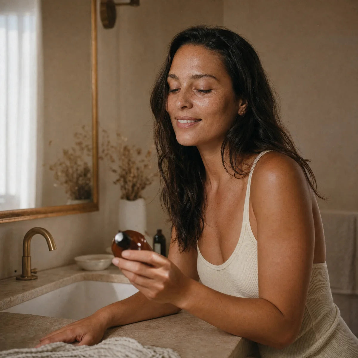 A woman at a warm stone bathroom vanity in morning light, reading the label of a small honey-amber glass bottle