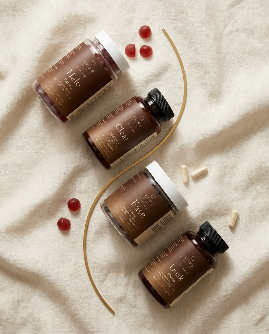 Flat lay of the four AURÉ bottles along a gold clock line
