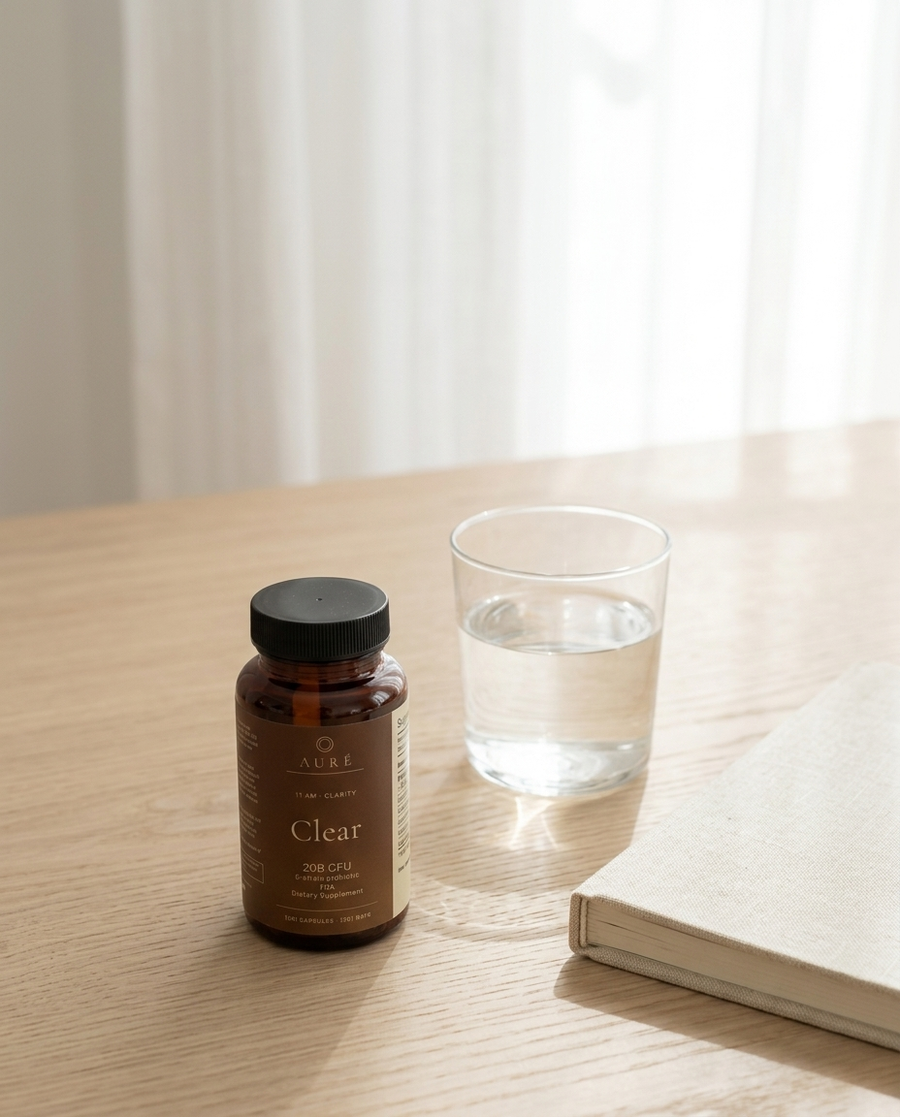 Clear probiotic bottle beside a glass of water in bright late morning light