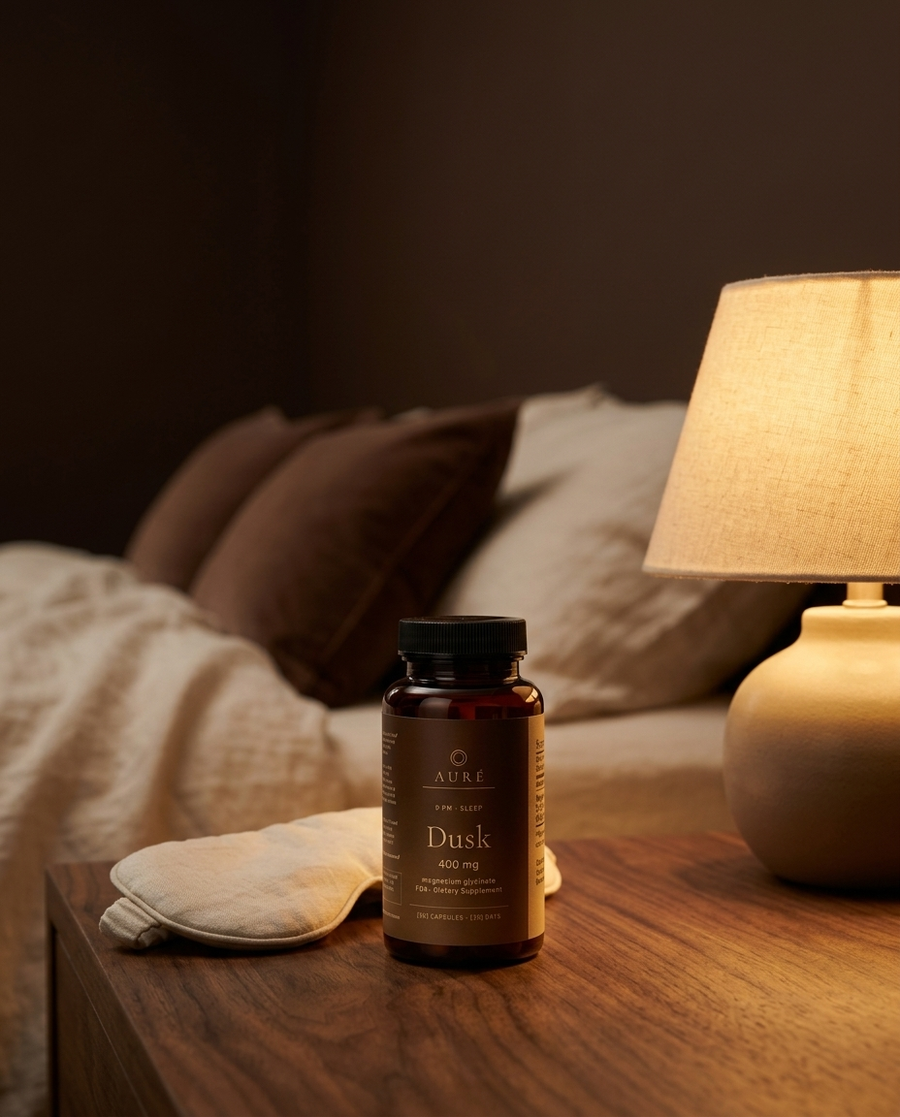 Dusk magnesium bottle on a nightstand under a warm lamp