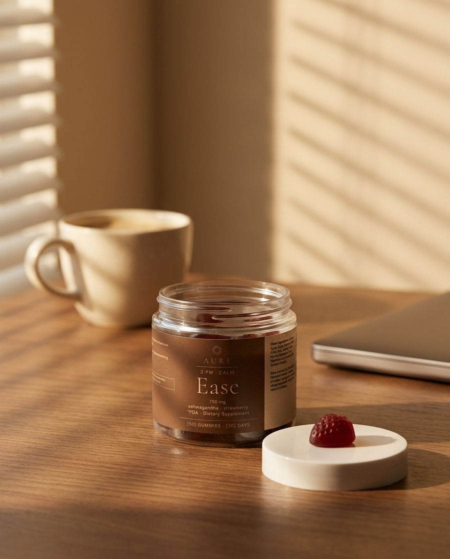 Ease ashwagandha gummy jar on a desk in amber afternoon light