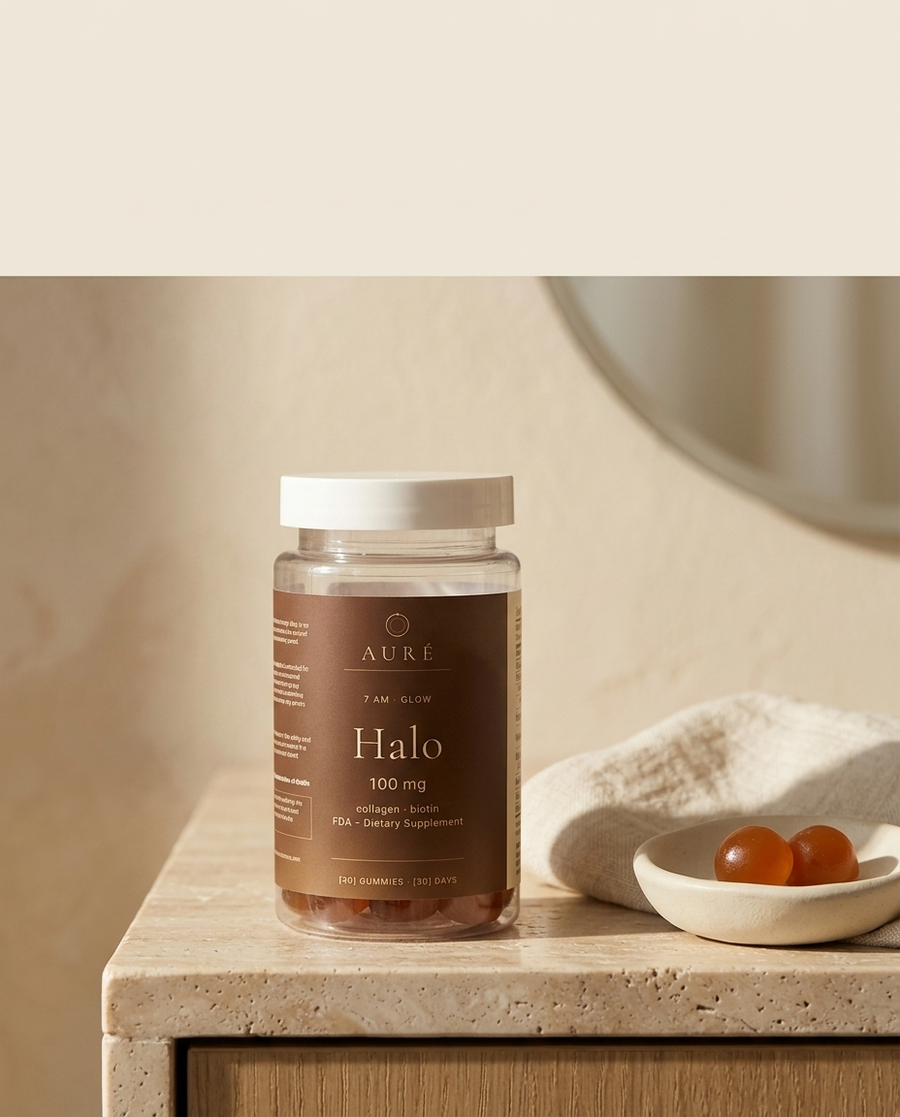 Halo collagen and biotin gummies on a travertine shelf in soft morning light