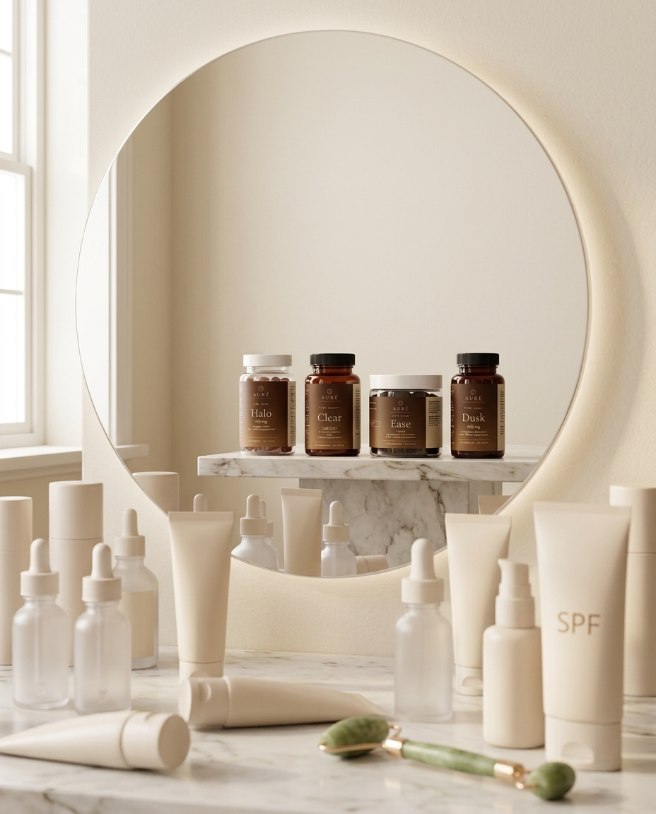 A vanity mirror reflecting the four AURÉ steps behind a row of skincare
