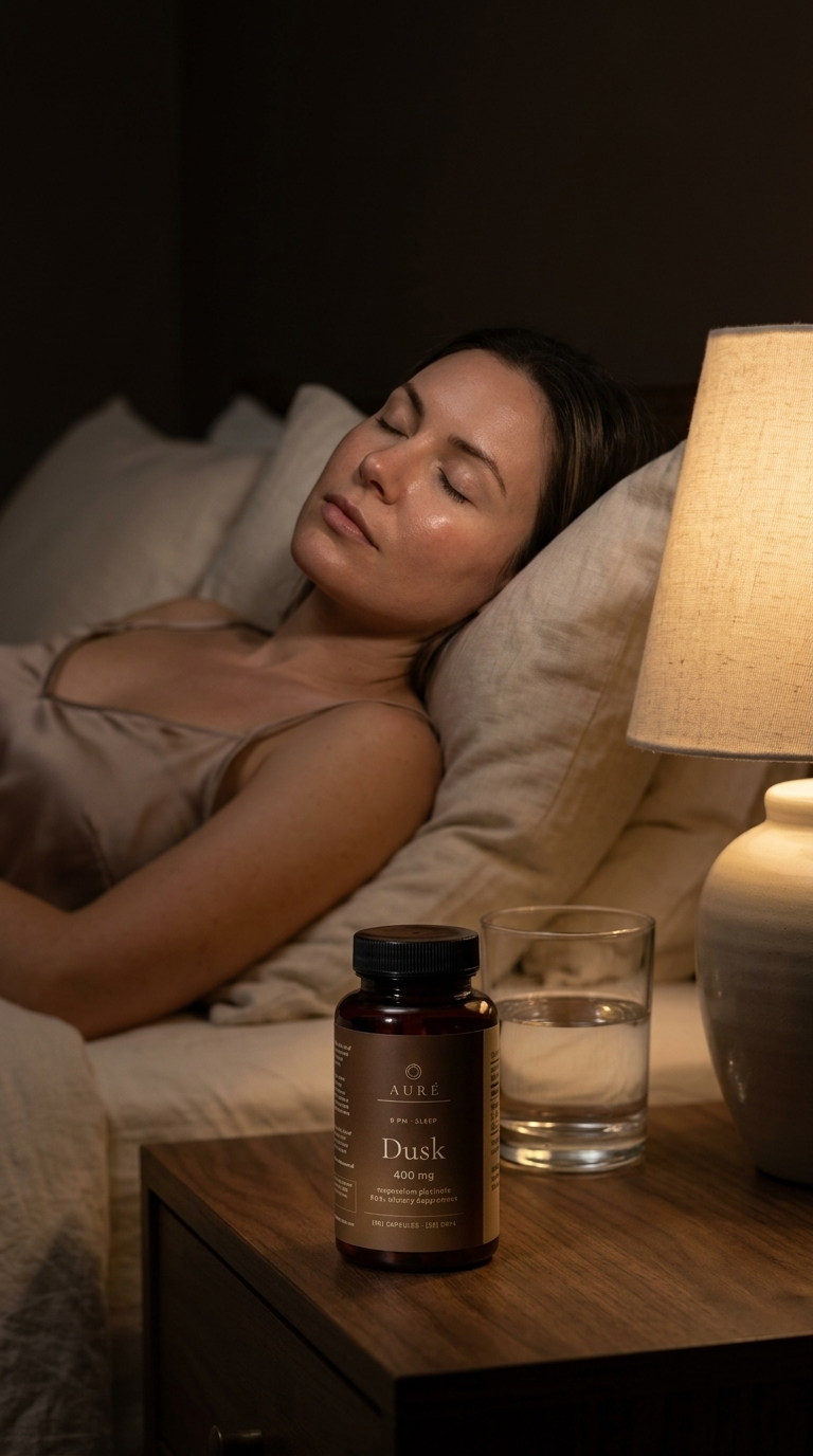 A woman resting at night with Dusk on the nightstand