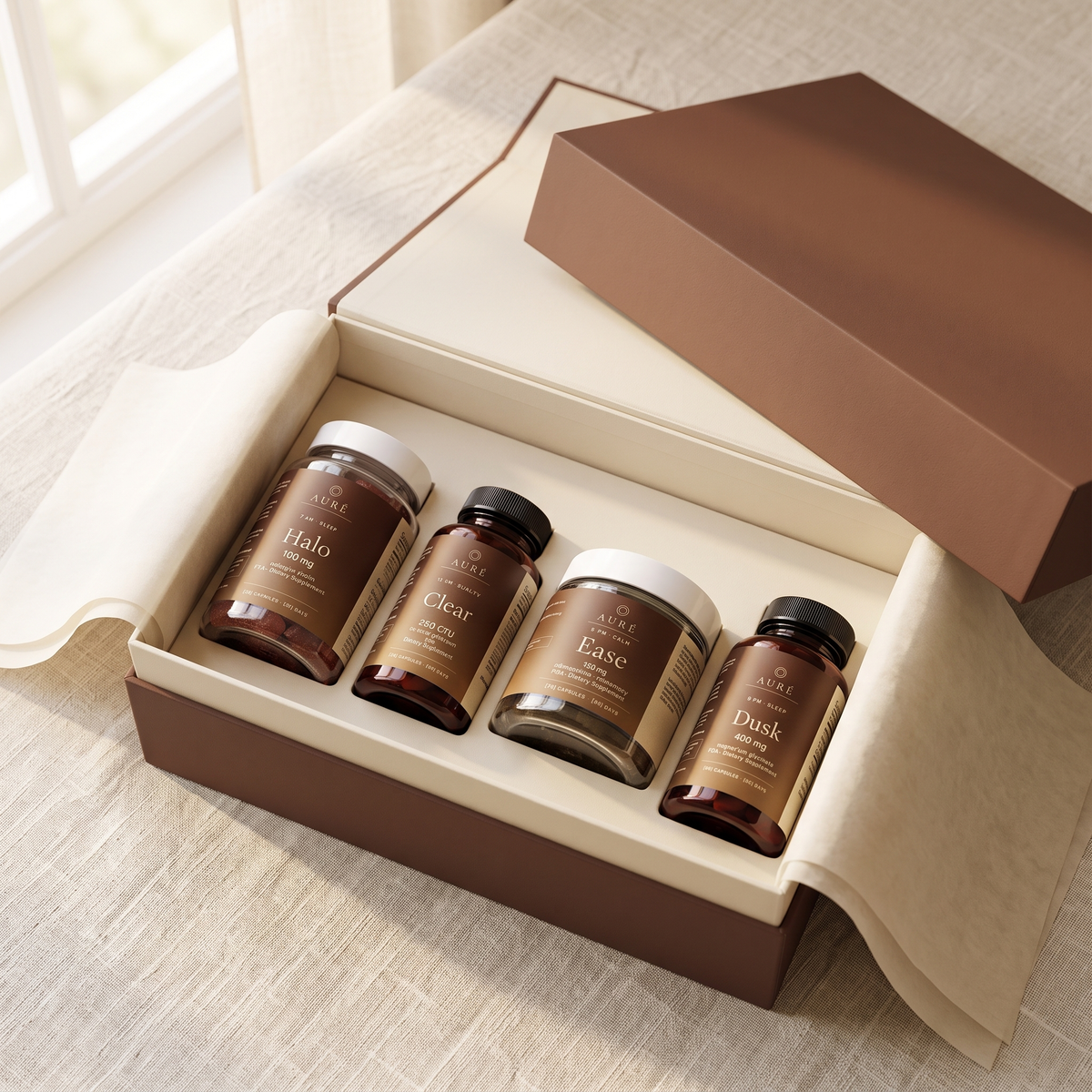 The AURÉ Ritual four step set: Halo, Clear, Ease and Dusk