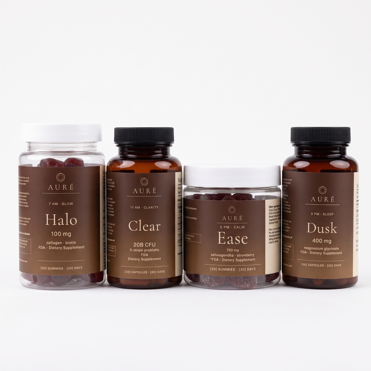 The AURÉ Ritual four step set: Halo, Clear, Ease and Dusk