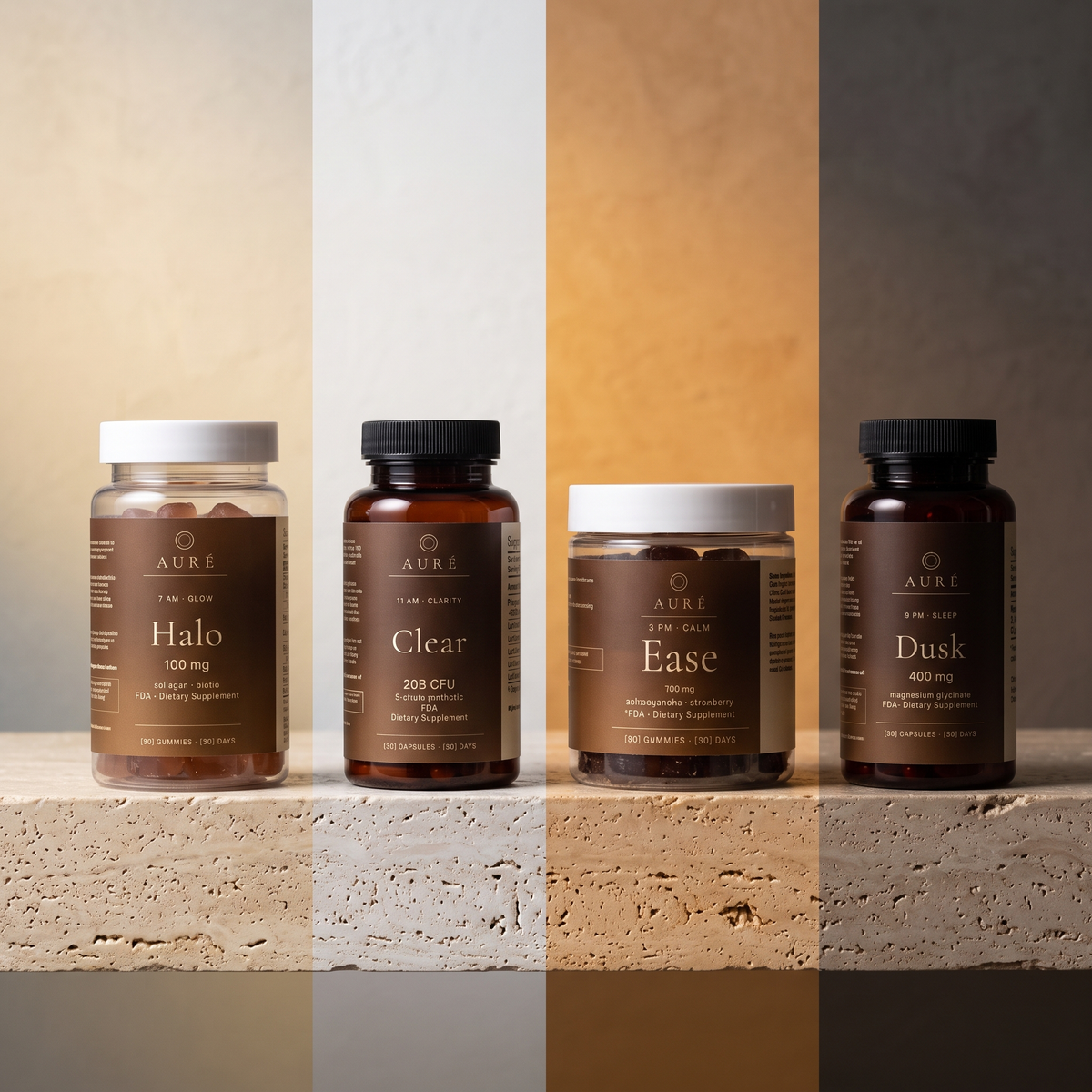 The AURÉ Ritual four step set: Halo, Clear, Ease and Dusk
