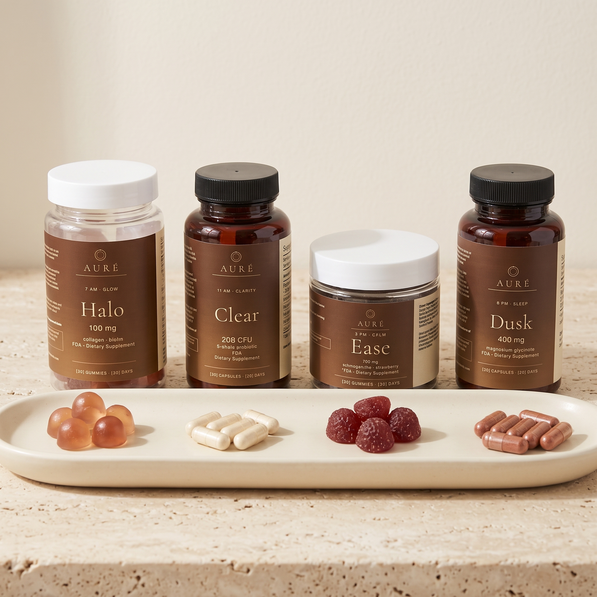 The AURÉ Ritual four step set: Halo, Clear, Ease and Dusk