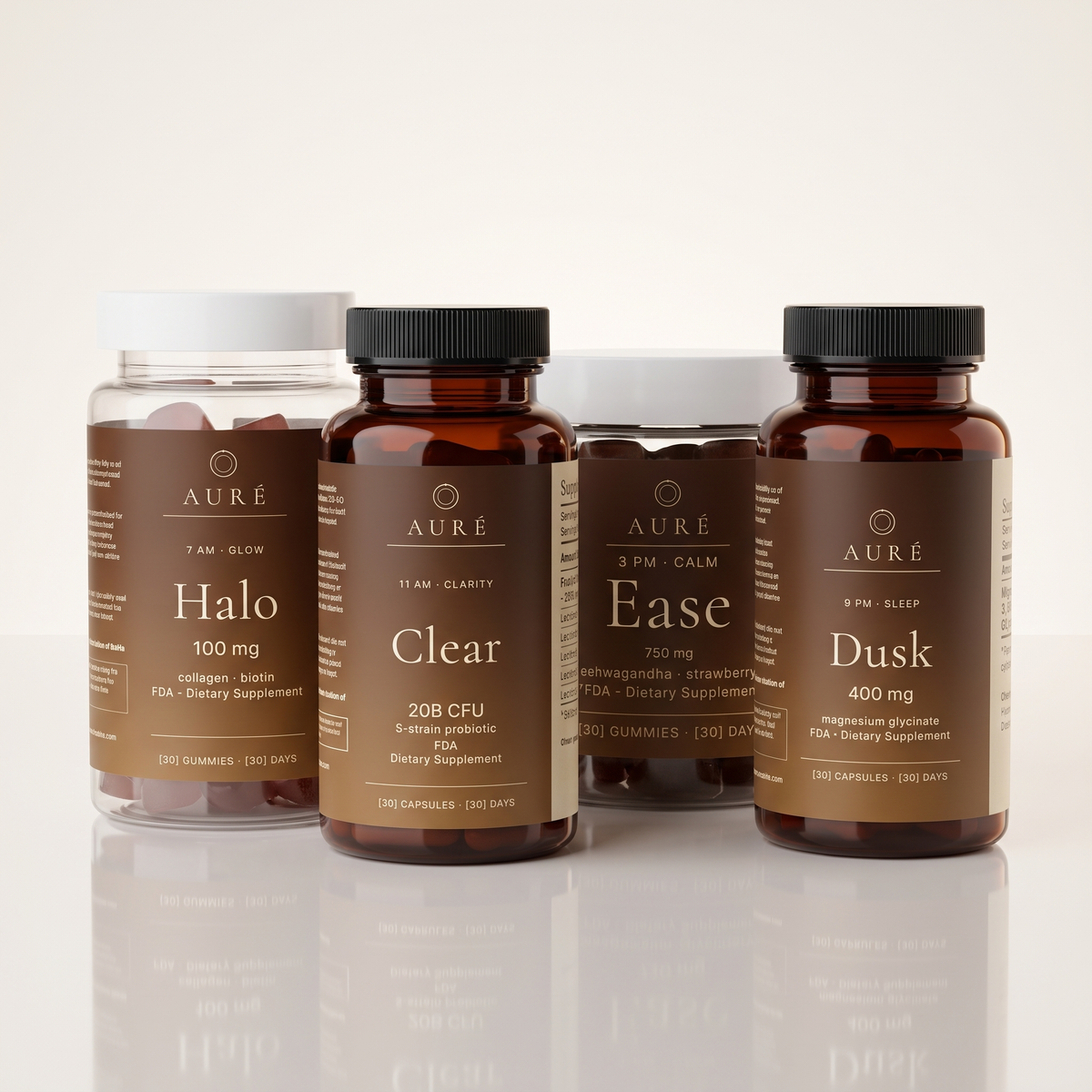 The AURÉ Ritual four step set: Halo, Clear, Ease and Dusk