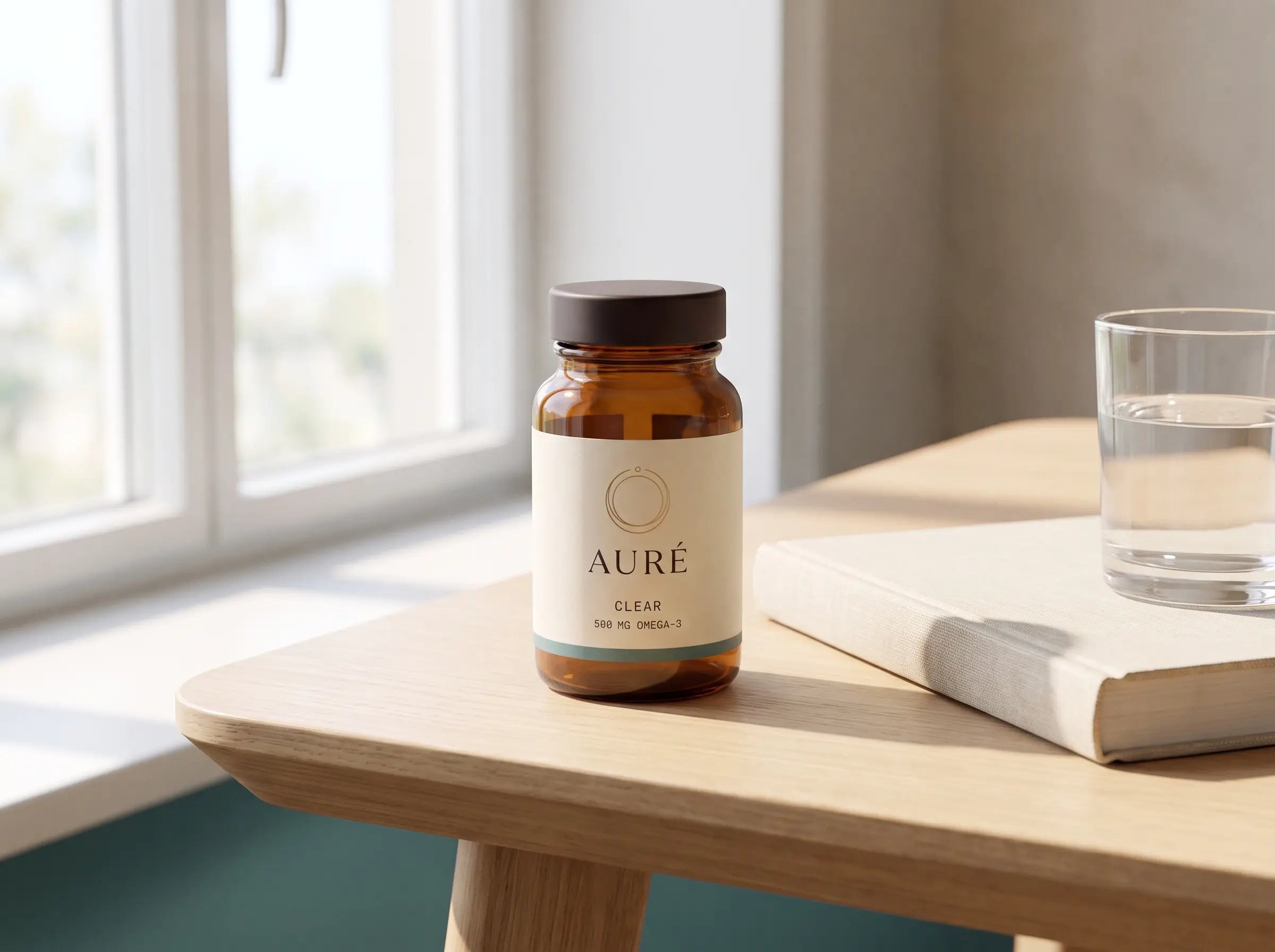 A tidy desk by a bright window — the AURÉ Clear bottle beside a notebook and a glass of water