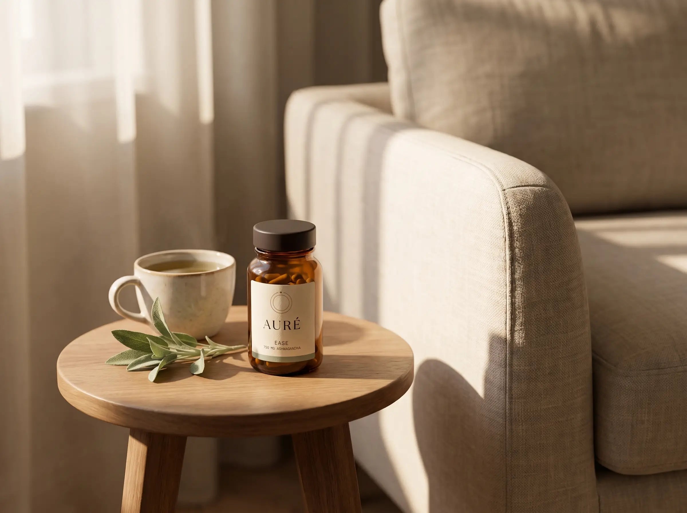 A linen armchair corner in soft afternoon light — the AURÉ Ease bottle beside a cup of tea