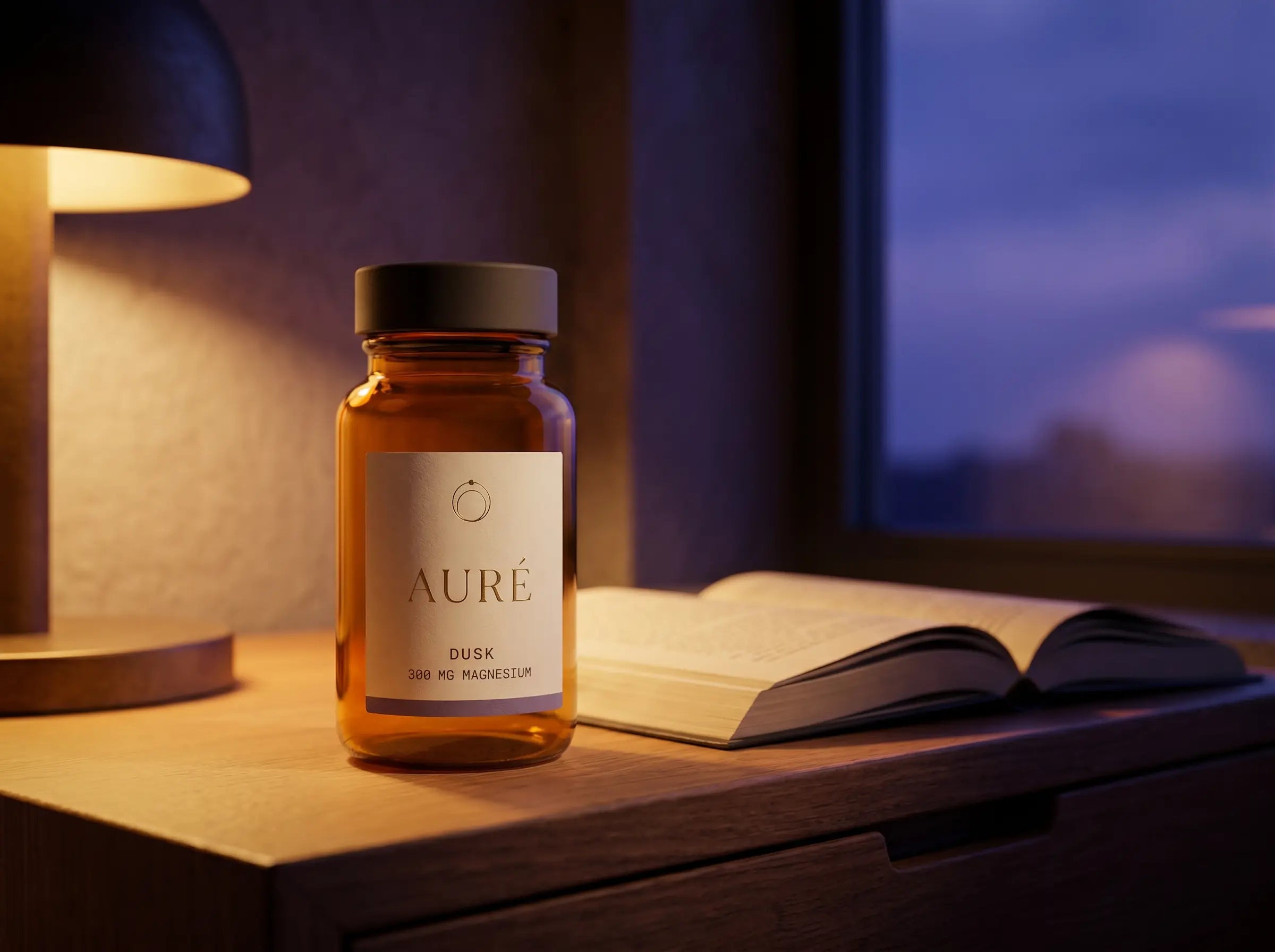 A nightstand at dusk — the AURÉ Dusk bottle in lamplight beside an open novel